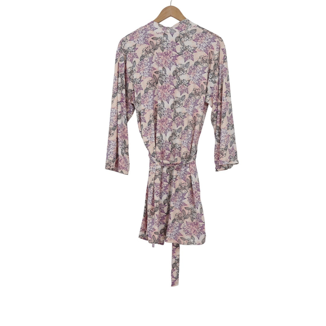 Felemo Womens Floral Robe Pink Purple 3/4 Sleeve Belted Kimono Size Small 10906