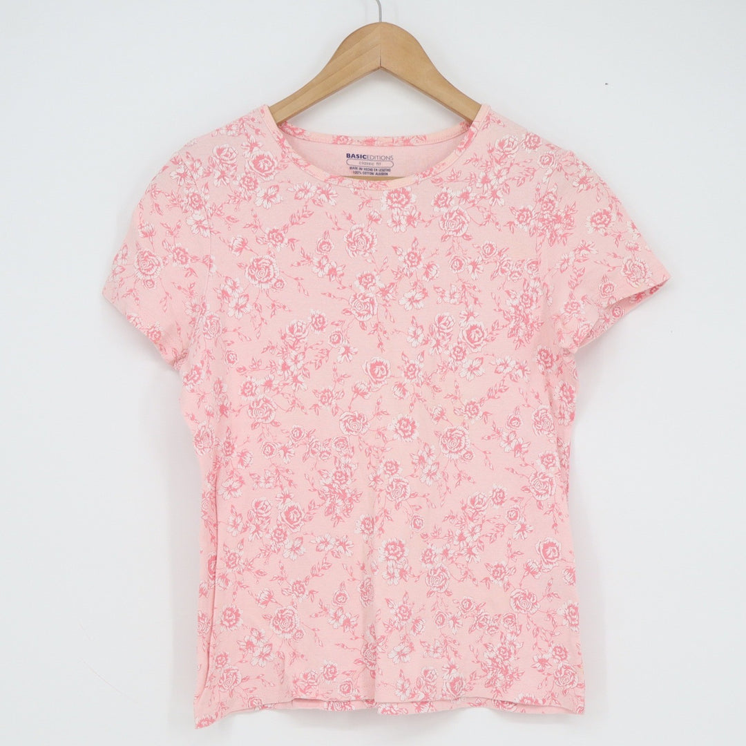 Basic Editions Pink Floral Rose Print Cotton Short Sleeve Crew Neck Tee Shirt M