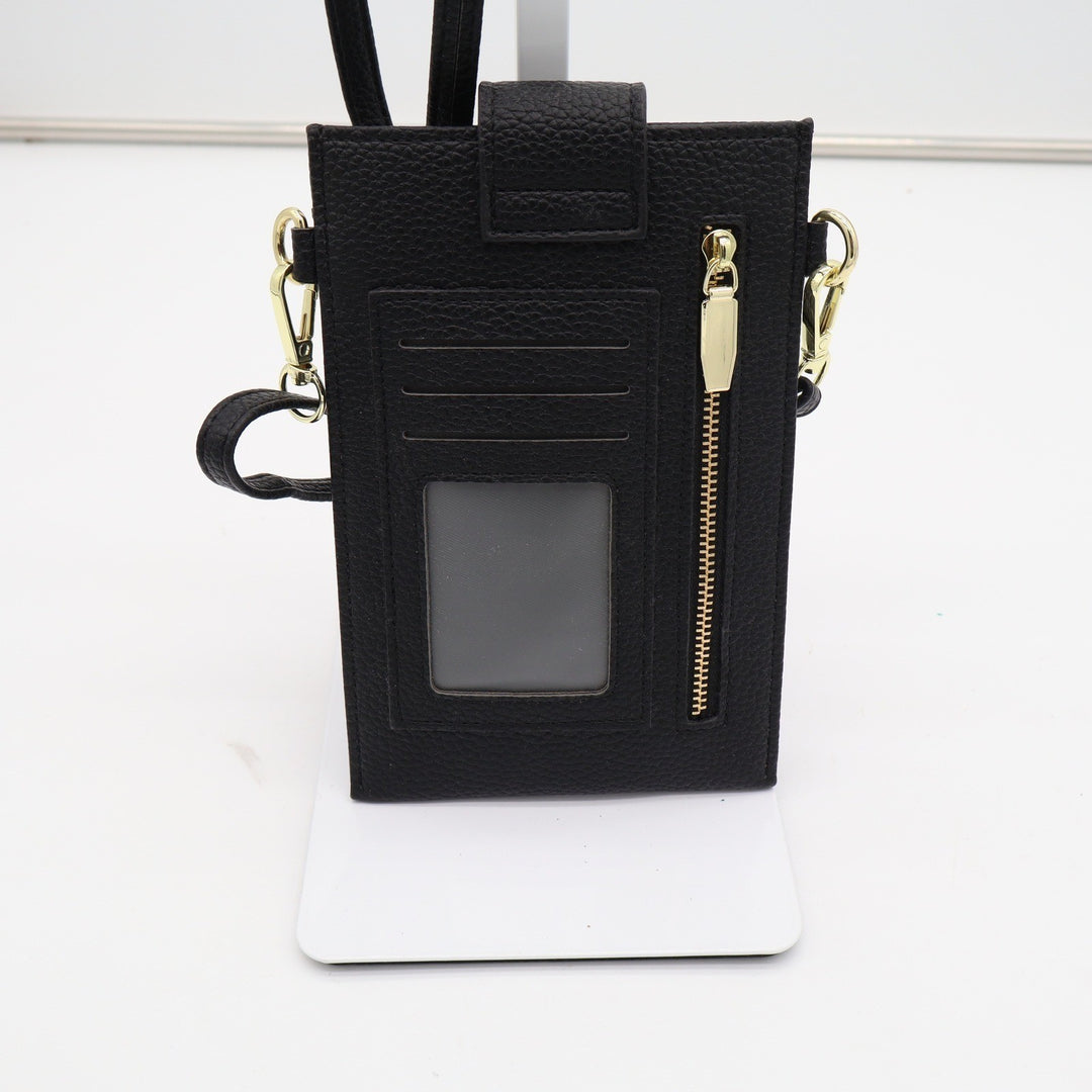 Black Pebbled Vegan Leather Crossbody Phone Bag Wallet with ID Window Gold Zip