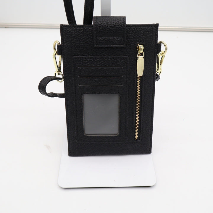 Black Pebbled Vegan Leather Crossbody Phone Bag Wallet with ID Window Gold Zip