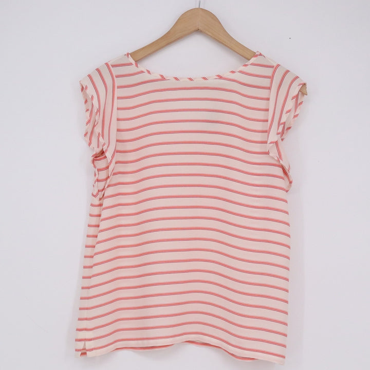 LOFT Petites Pink Orange Striped Flutter Sleeve V-Neck Blouse SP