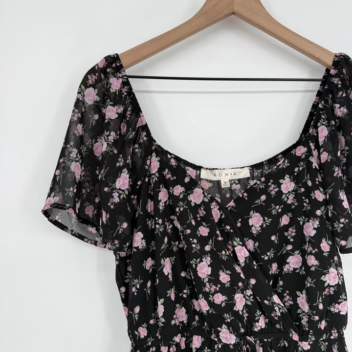 ROW A Black Pink Floral Ruffle Tiered Mini Dress Short Sleeve Square Neck M