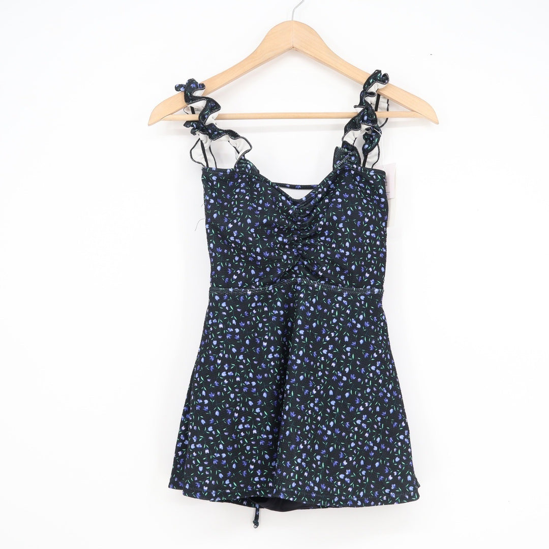 Seasons Bikini Floral Ruffle Swim Dress One Piece Black Blue Purple Large NEW