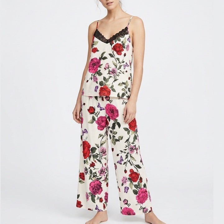 Linea Donatella 2-Piece Pajamas Set Womens XL White Floral Stretch Pullover