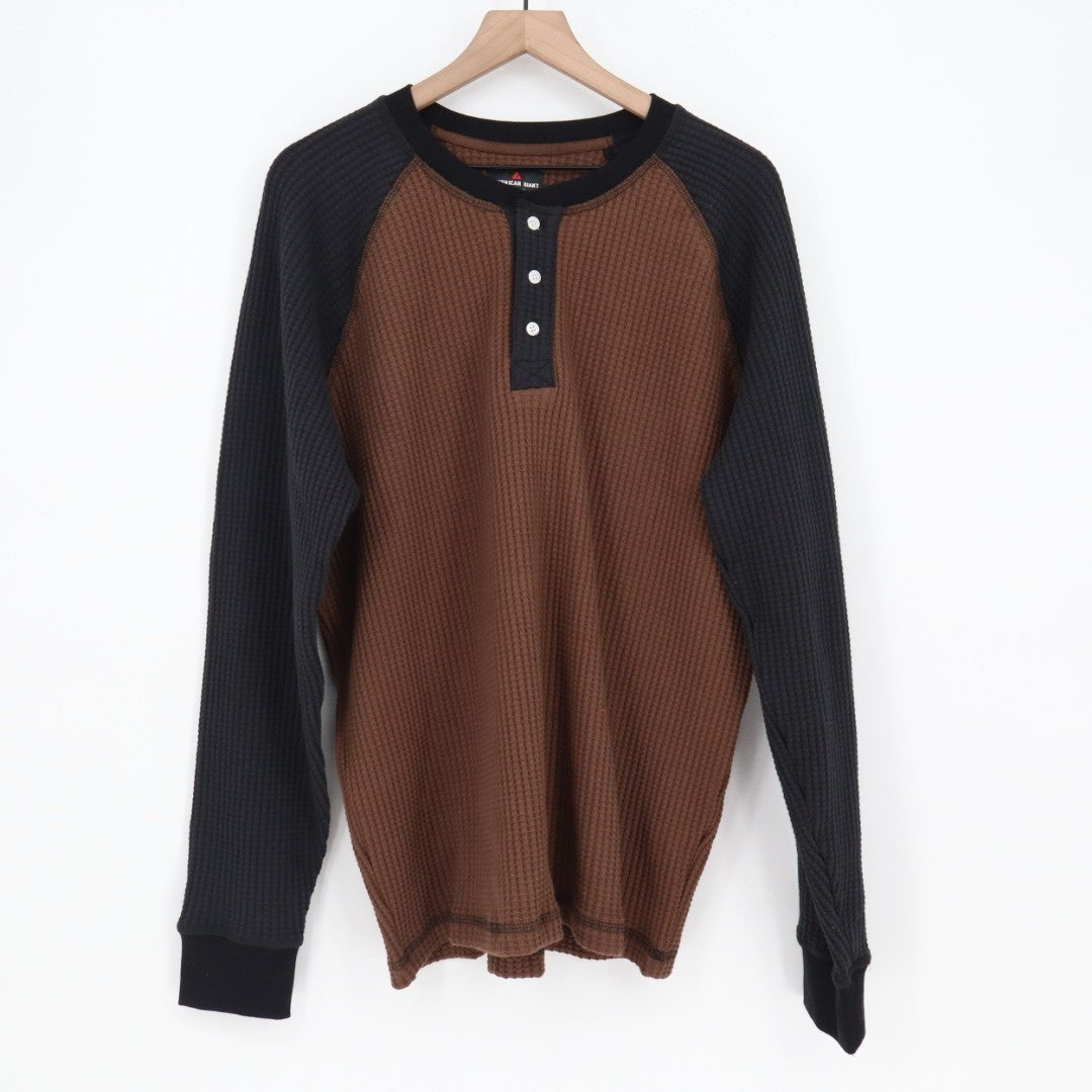 American Giant T-Shirt Mens XL Cocoa Black Colorblock Waffle Knit Henley Neck