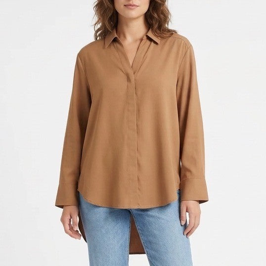 Shirt Womens Brown Pleated High Low Hem Spread Collar Long Sleeve Button Up
