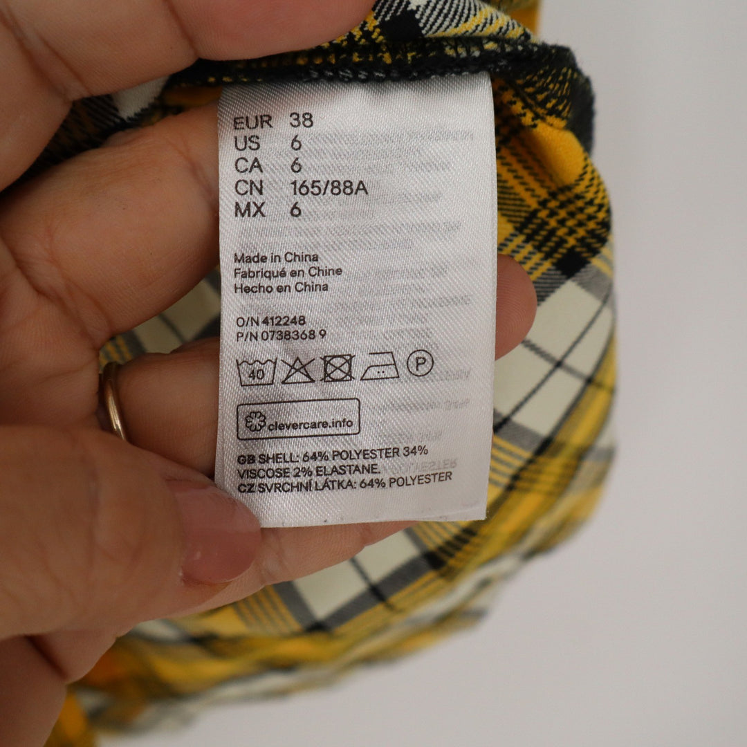 H&M Divided Yellow Plaid Mini Pinafore Dress Womens Size 6 Square Neck 90s Style