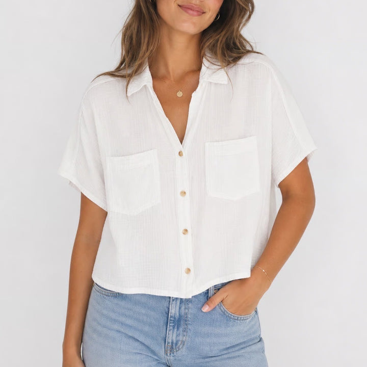 Love Notes Womens White Cotton Gauze Button Down Short Sleeve Cropped Shirt L