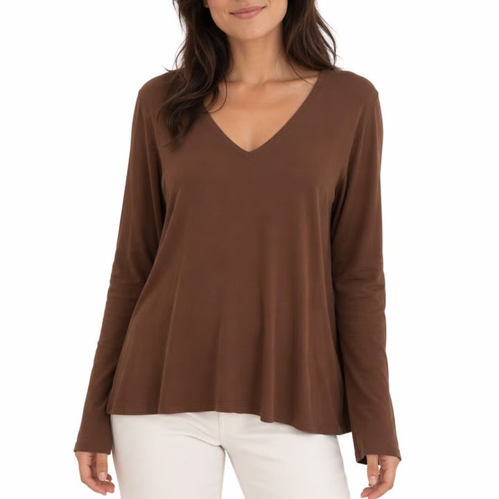 Old Navy Luxe Slub T-Shirt Womens XL Brown Rib Knit V-Neck Long Sleeve Pullover
