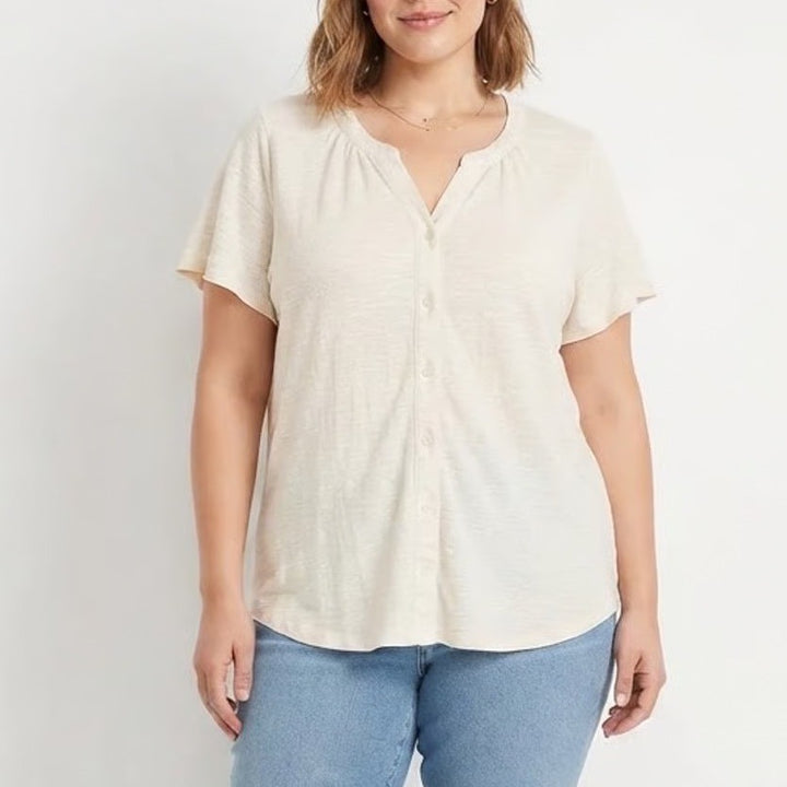 Lane Bryant Cream Slub Knit Button Front V-Neck Top Plus Size 22/24 Short Sleeve