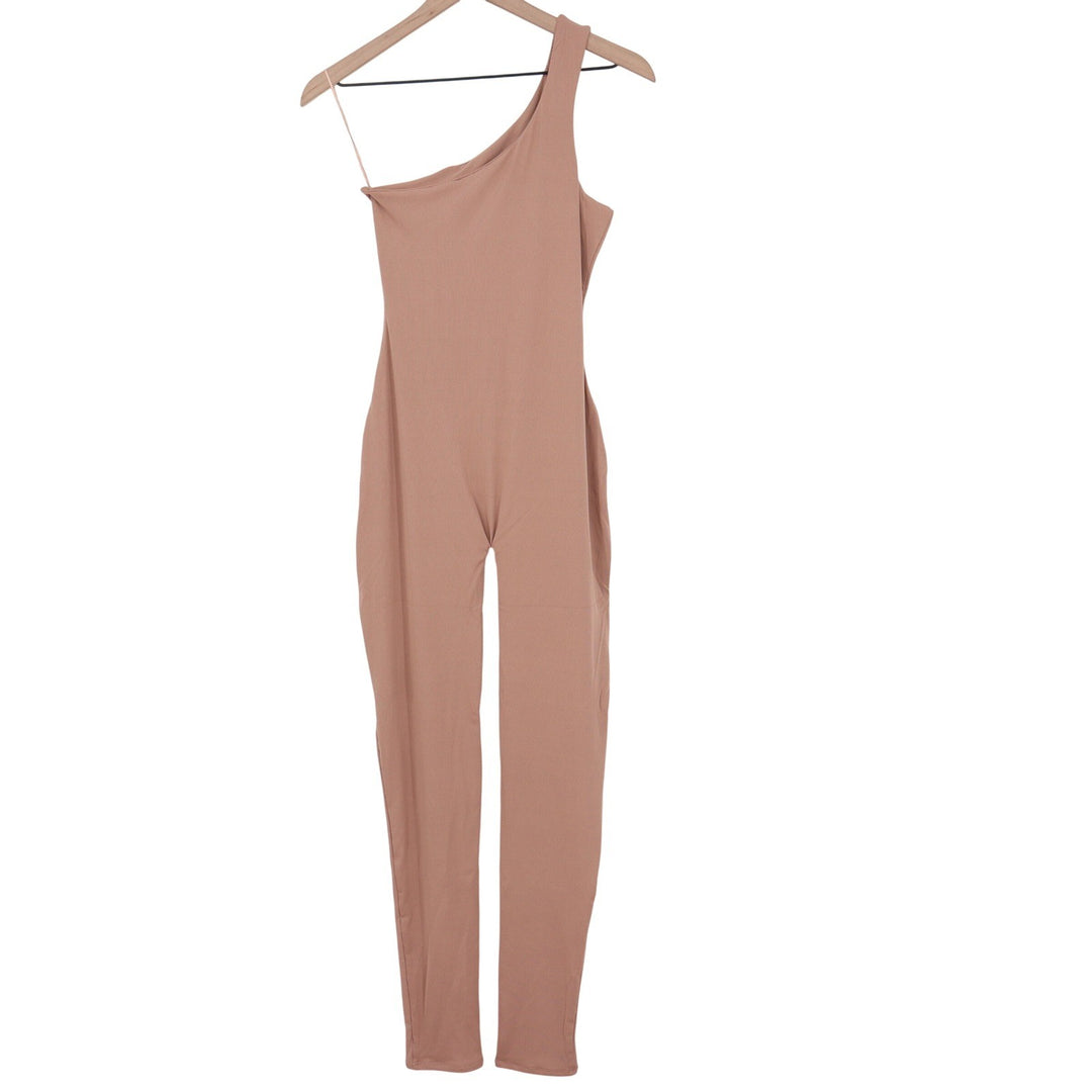 Naked Wardrobe Coco Ribbed One Shoulder Jumpsuit Brown Size M
