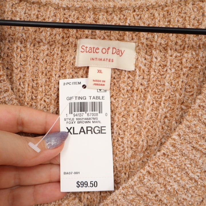 State Of Day Intimates Sweater Womens XL Brown Waffle Knit Long Sleeve V-Neck