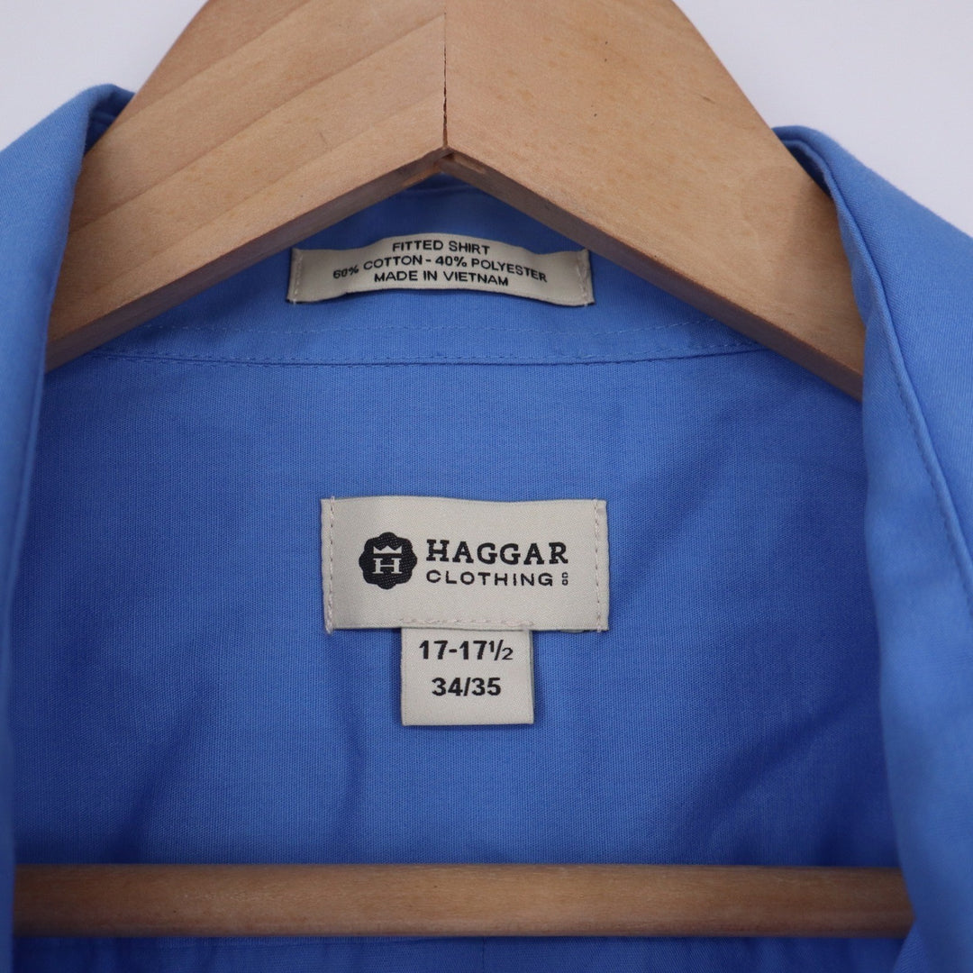 Haggar Mens Fitted Dress Shirt Blue Long Sleeve Cotton Blend 17-17.5 34/35