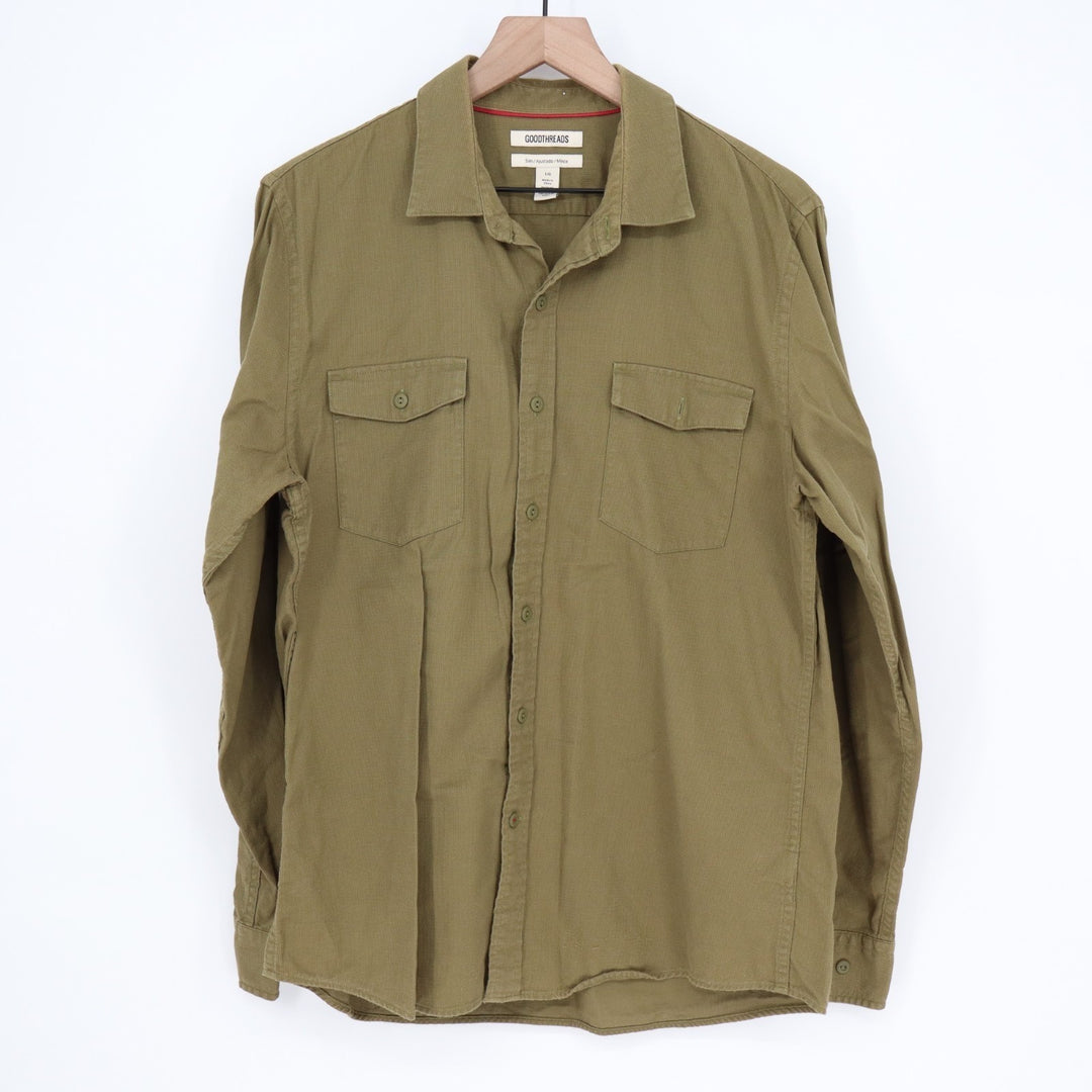 Goodthreads Shirt Mens Large Olive Green Cotton Long Sleeve Slim Fit Button Up