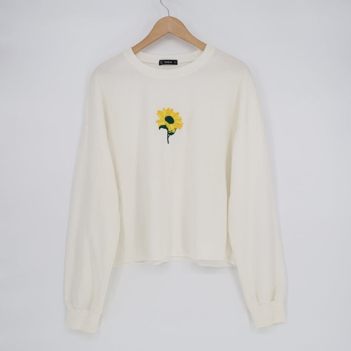 Shein Sweatshirt Womens Large White Sunflower Embroidered Drop Shoulder Pullover