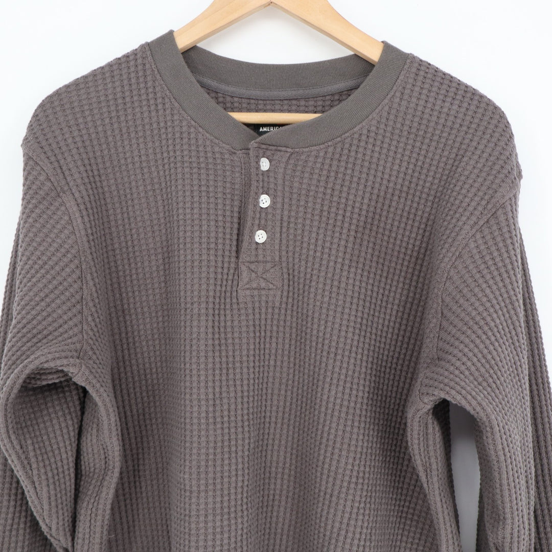 American Giant T-Shirt Men Large Gray Cotton Stretch Waffle Knit Henley Neck