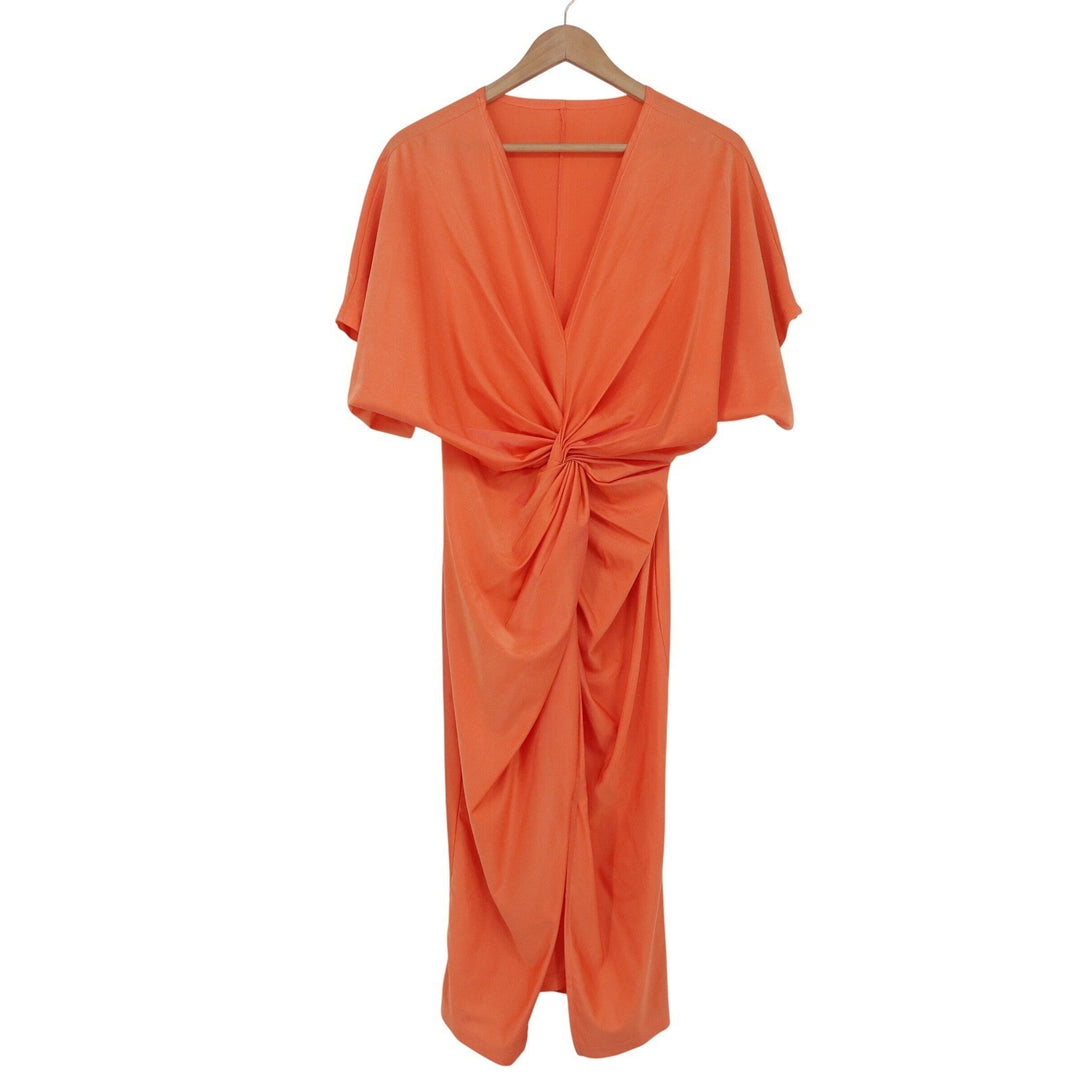 Floerns Orange Twist Front V-Neck Midi Dress Short Sleeve Large
