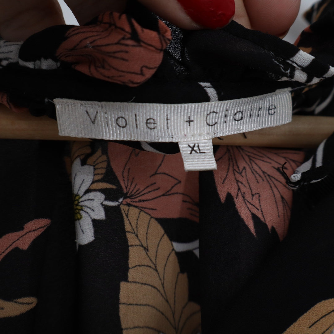 Violet + Claire Womens XL Black Floral Ruffle Neck Sleeveless Blouse Top