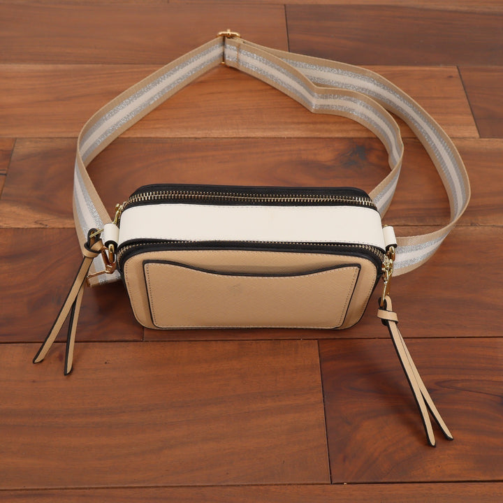 Tri-Color Saffiano Leather Camera Bag Beige White Black Crossbody Webbing Strap