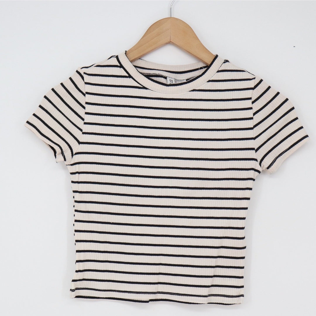 H&M T-Shirt Womens S Divided Basic Cream Black Striped Ribbed Crop Top Excellent