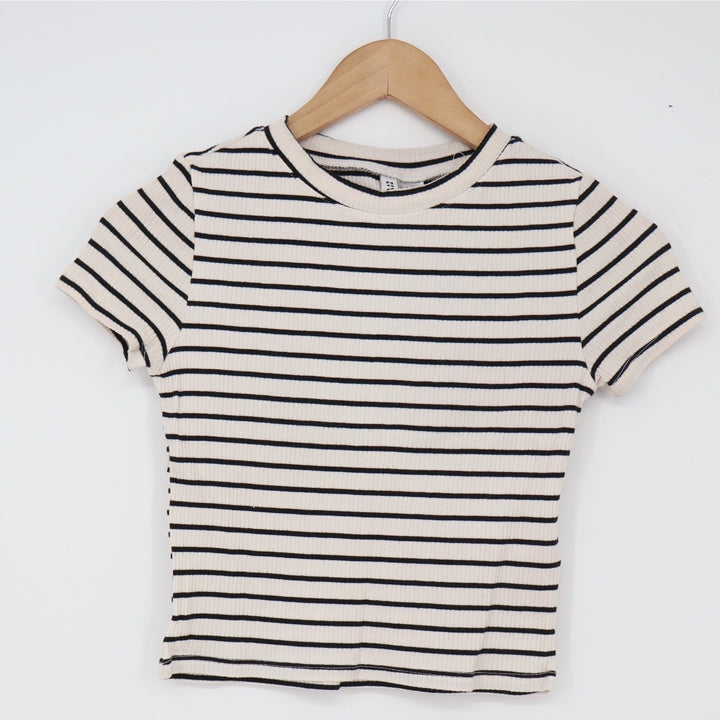 H&M T-Shirt Womens S Divided Basic Cream Black Striped Ribbed Crop Top Excellent