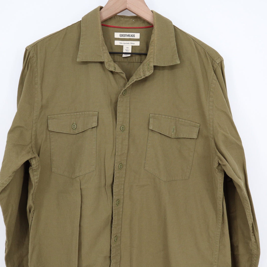 Goodthreads Shirt Mens Large Olive Green Cotton Long Sleeve Slim Fit Button Up