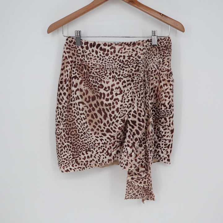 Naked Wardrobe Leopard Print Ruched Mini Skirt with Draped Sash Brown M
