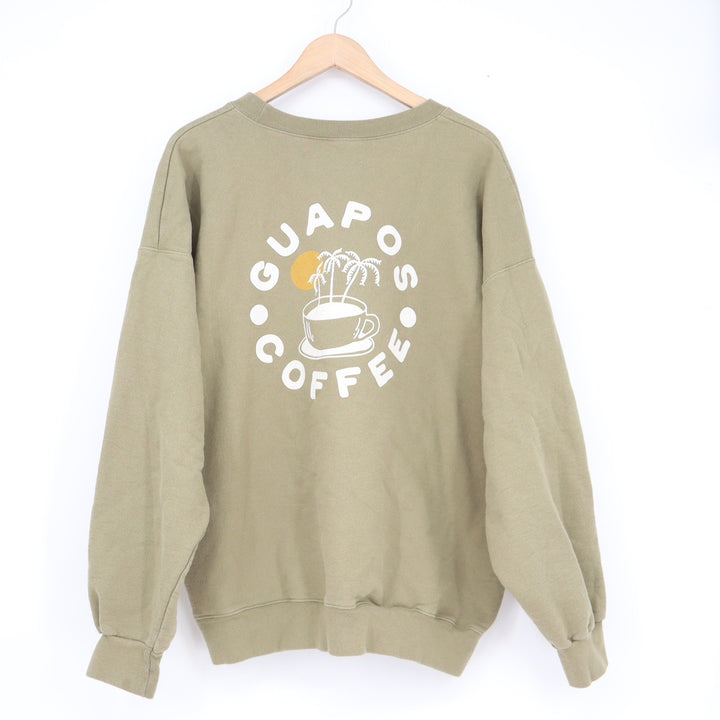 Guapos Coffee Olive Green Graphic Crewneck Sweatshirt Oversized Wave Logo XL