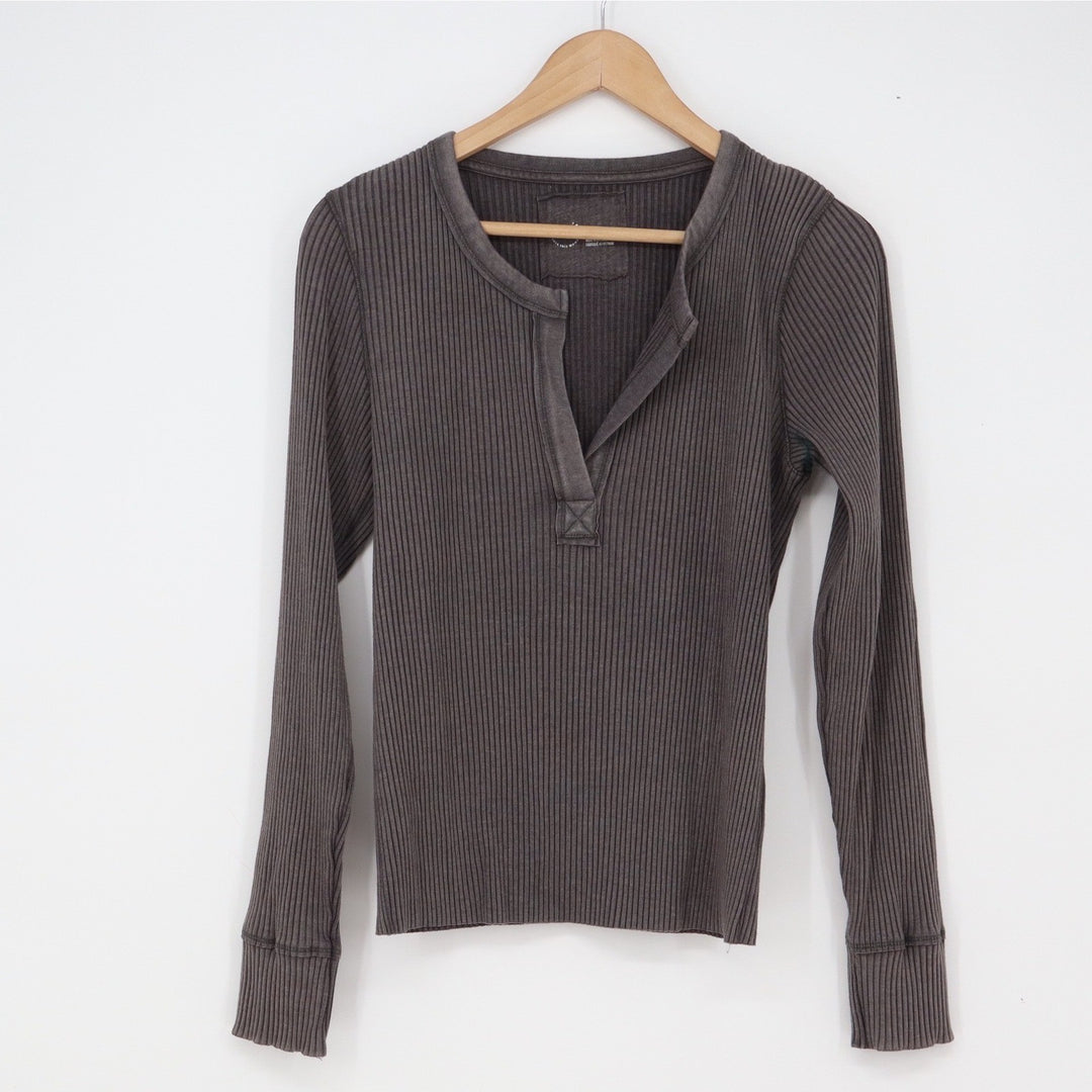 Aerie Top Womens L Henley Charcoal Gray Ribbed Long Sleeve Excellent