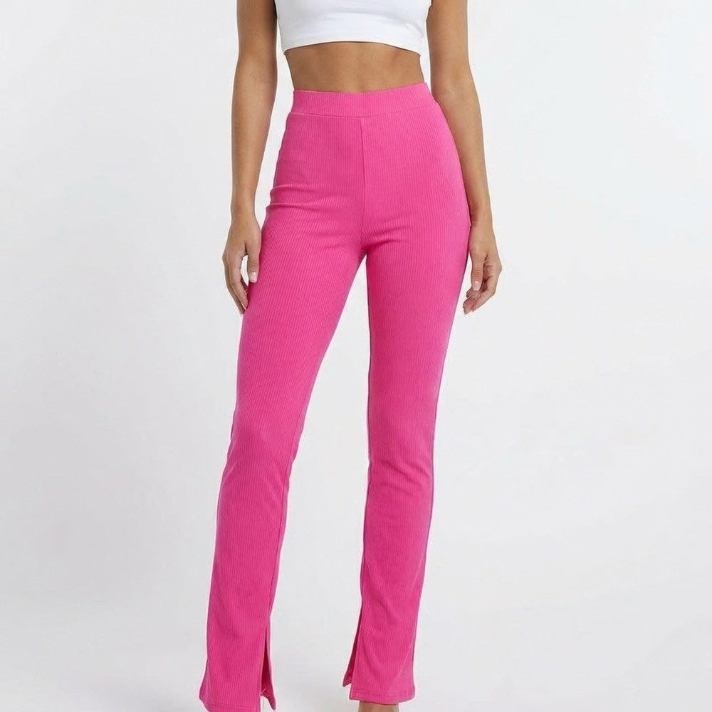Naked Wardrobe Neon Pink Ribbed Split Hem Leggings Small High Waist