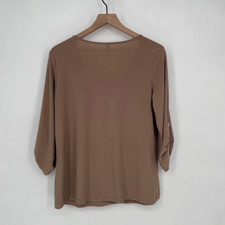 Perception Concept Women's Brown Button Pocket Roll Tab Sleeve Tunic Top Size L