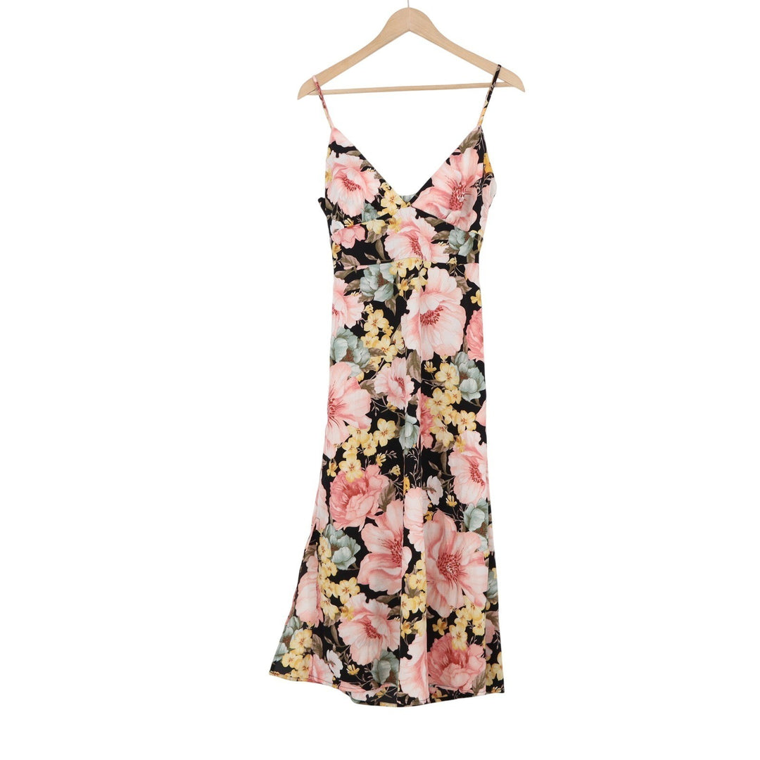 Forever 21 Floral Midi Dress Black Pink Yellow V-Neck Tie Back Cutout Large