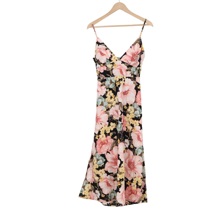 Forever 21 Floral Midi Dress Black Pink Yellow V-Neck Tie Back Cutout Large