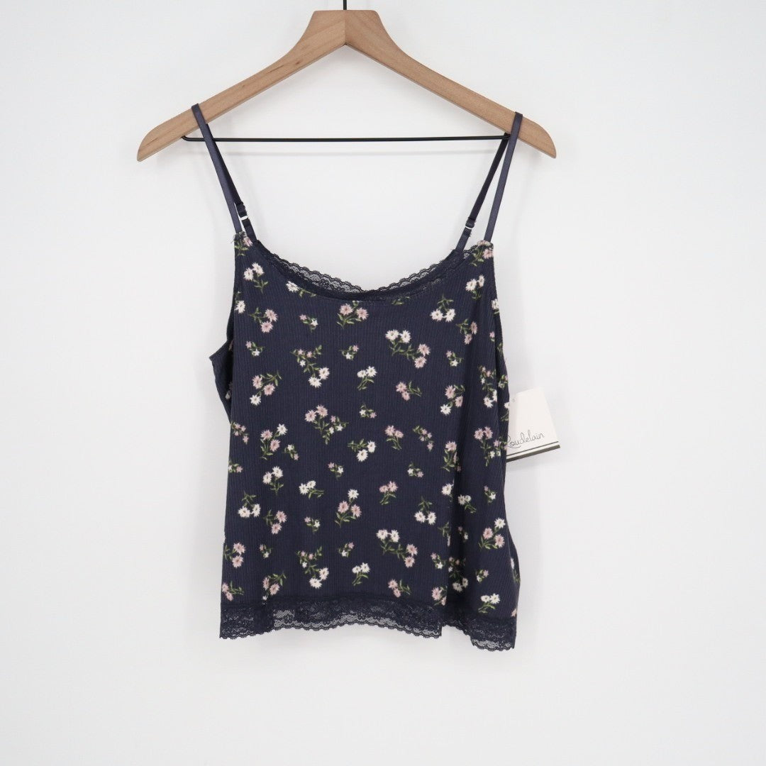 Roudelain Camisole Top Womens Large Navy Floral Stretch Ribbed Spaghetti Strap