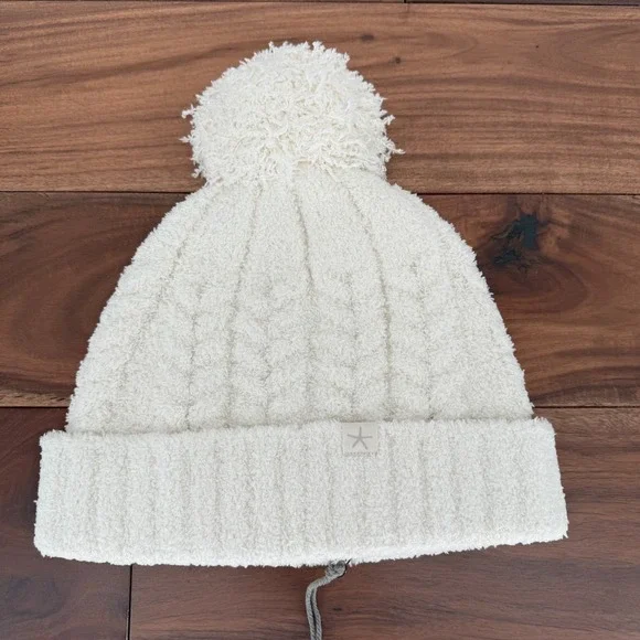 Barefoot Dreams CozyChic Pom Pom Beanie Hat Womens OS Cream Cable Knit Winter