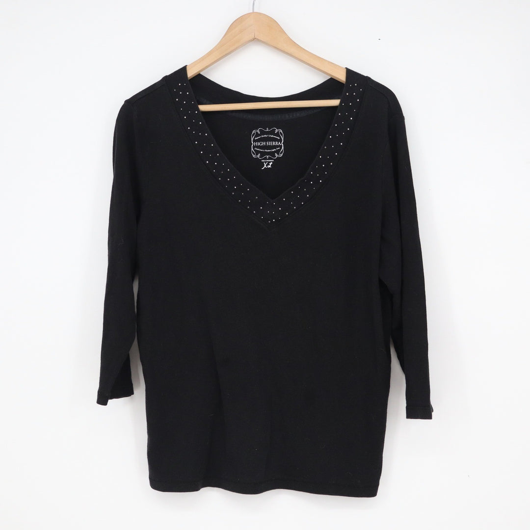 High Sierra Womens Black V-Neck Rhinestone Studded 3/4 Sleeve Cotton Top XL