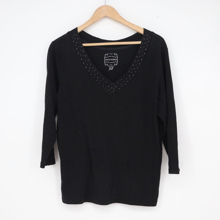 High Sierra Womens Black V-Neck Rhinestone Studded 3/4 Sleeve Cotton Top XL