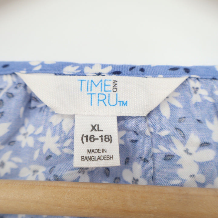 Time and Tru Blue Floral V-Neck Peasant Blouse XL 16-18 Long Sleeve Viscose Top