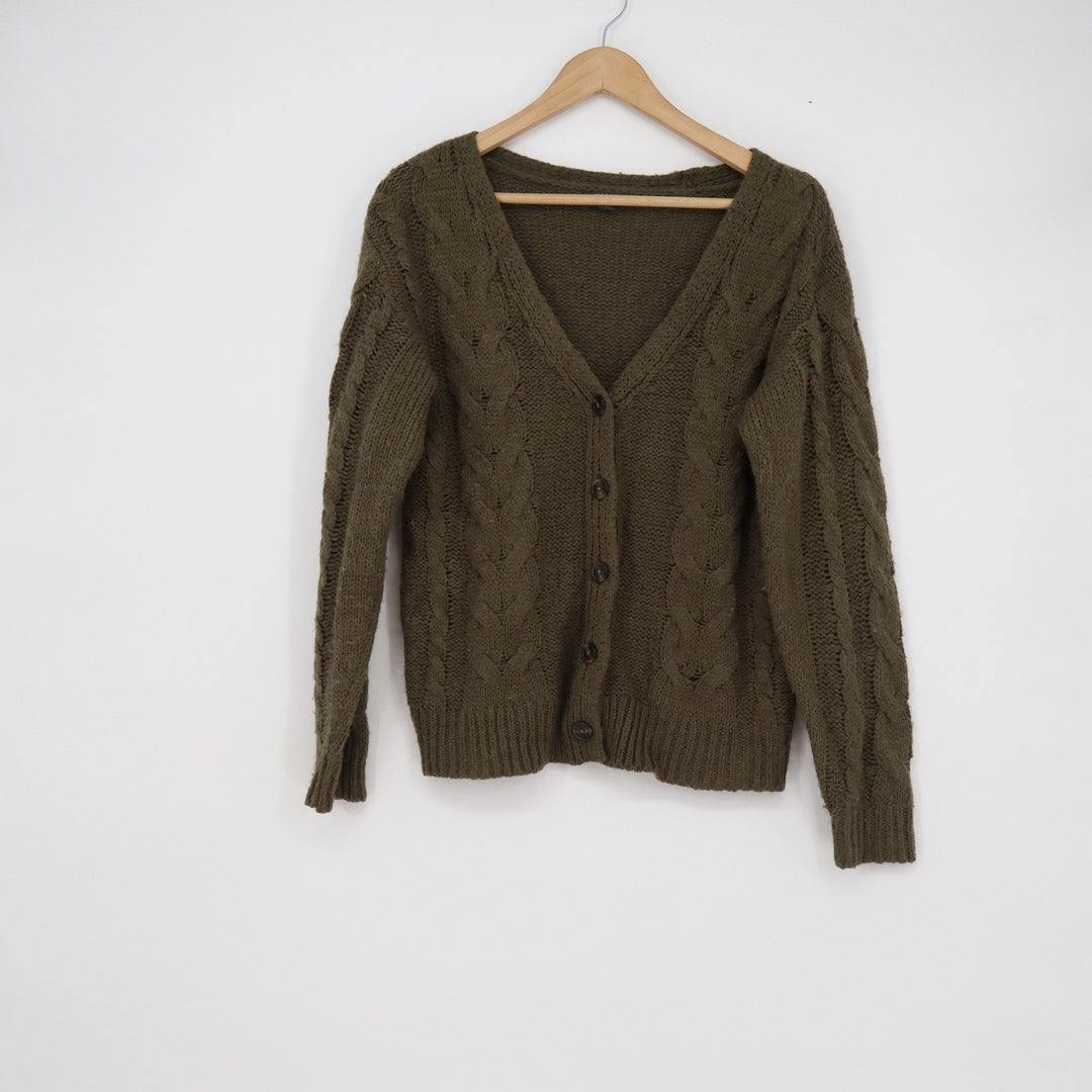 Wild Fable Olive Green Cable Knit Button Front V-Neck Cardigan Sweater Womens S