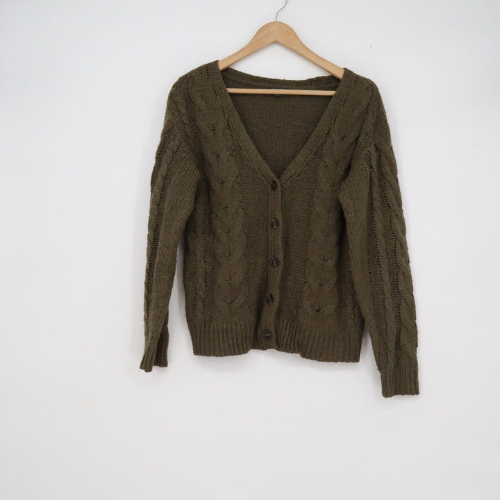 Wild Fable Olive Green Cable Knit Button Front V-Neck Cardigan Sweater Womens S