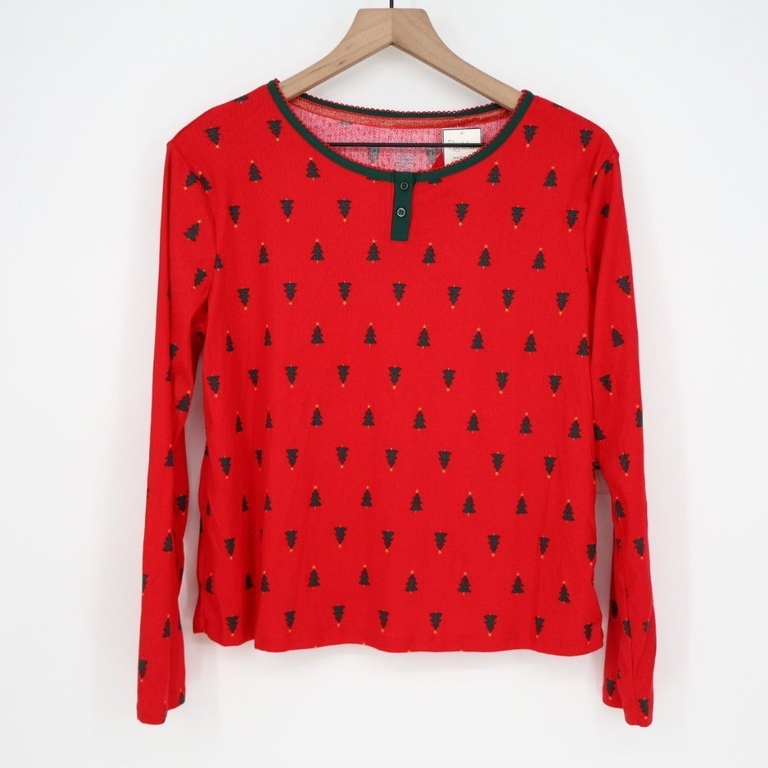 Roudelain Pajama Shirt Womens M Red Tree Print Stretch Long Sleeve Round Neck