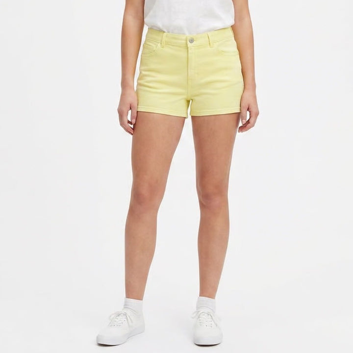 H&M Divided Neon Yellow Denim Mini Shorts Womens Size 10 Stretch Summer Festival