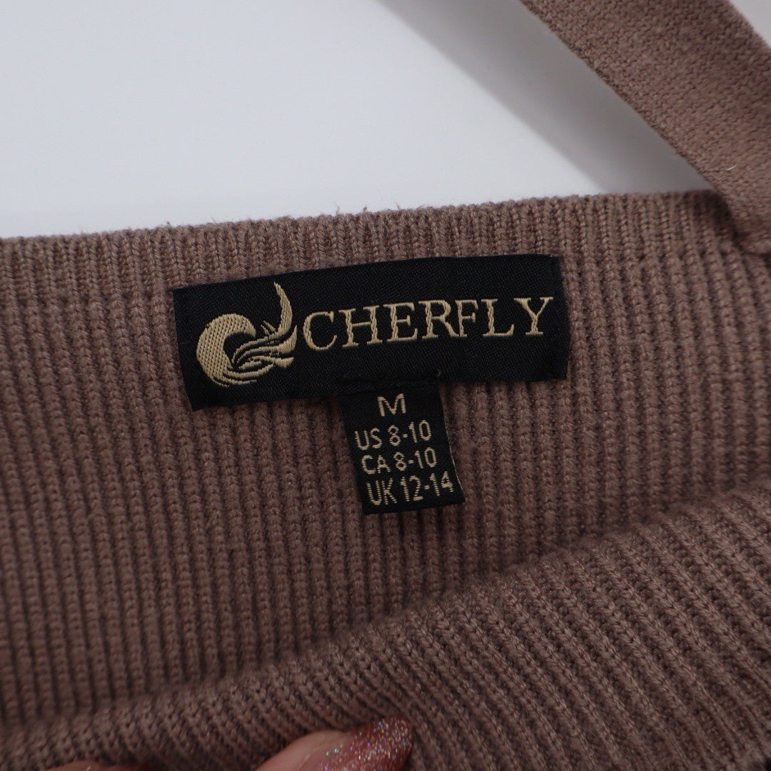CHERFLY Brown Knit Wrap Midi Dress Batwing Sleeve V Neck Size M