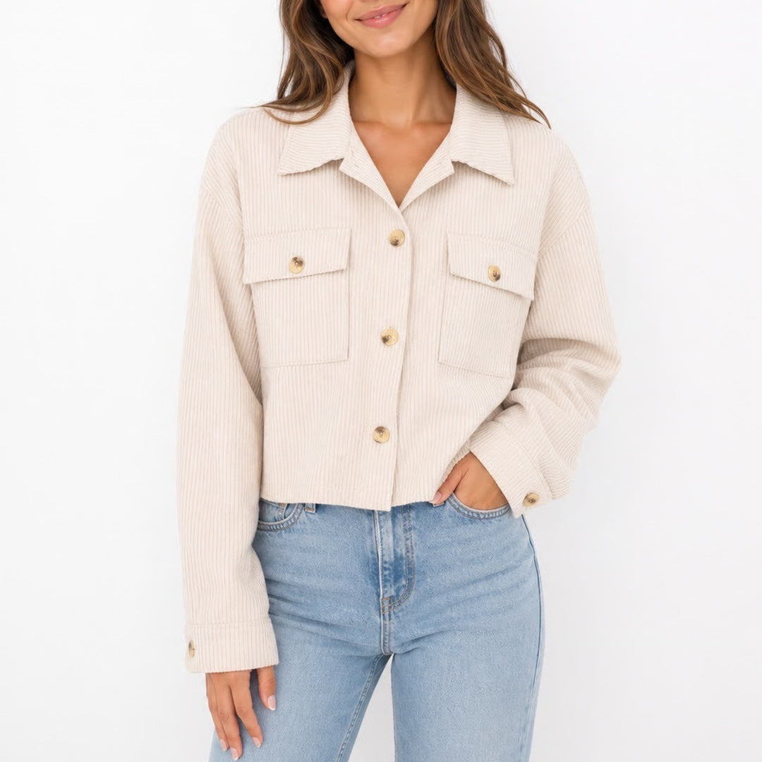 Unbranded Cream Beige Corduroy Cropped Shacket Button Down Jacket Large