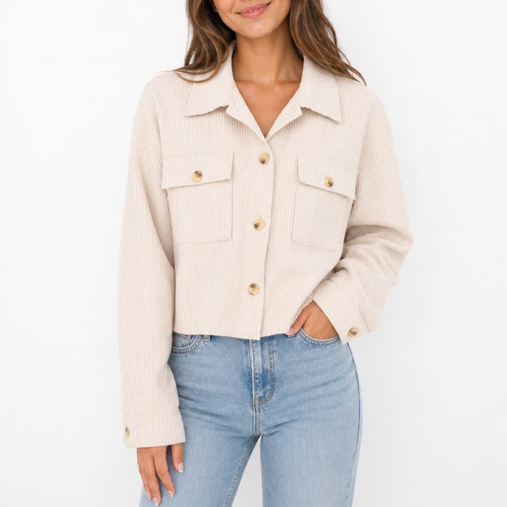 Unbranded Cream Beige Corduroy Cropped Shacket Button Down Jacket Large