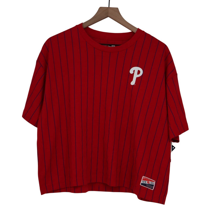 New Era Philadelphia Phillies Red Pinstripe Boxy Cropped T-Shirt Womens Large