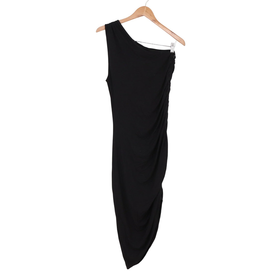 A New Day Dress Womens M One Shoulder Ruched Midi Black Asymmetrical NEW