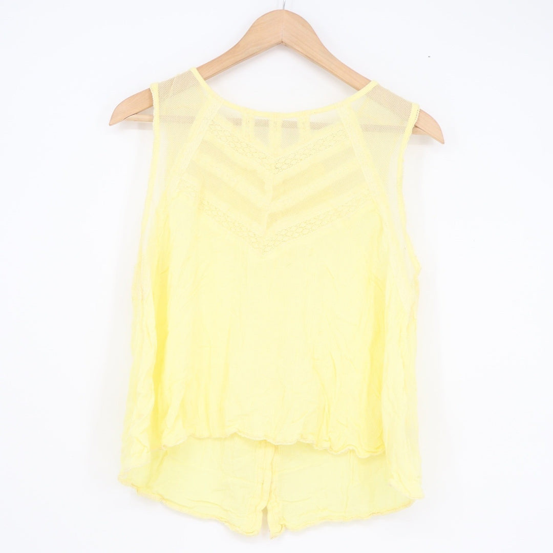 Yellow Rayon Mesh Lace Inset Button Back Sleeveless Tank Top Blouse