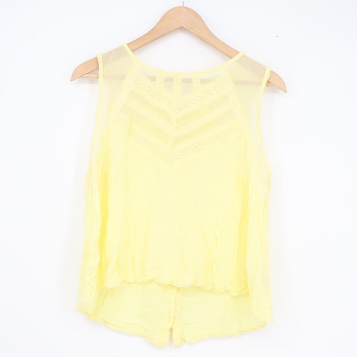 Yellow Rayon Mesh Lace Inset Button Back Sleeveless Tank Top Blouse