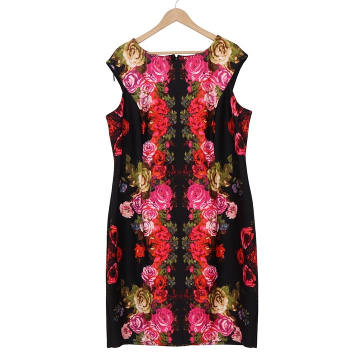 London Style Collection Woman Floral Rose Sheath Dress Black Pink 18W